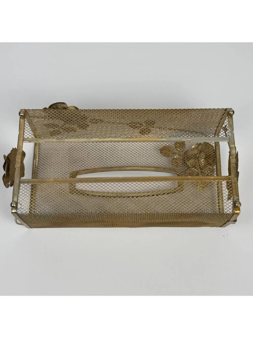 Vintage Hollywood Regency-Style Tissue Box Cover Brass Metal Mesh Floral & Leaf